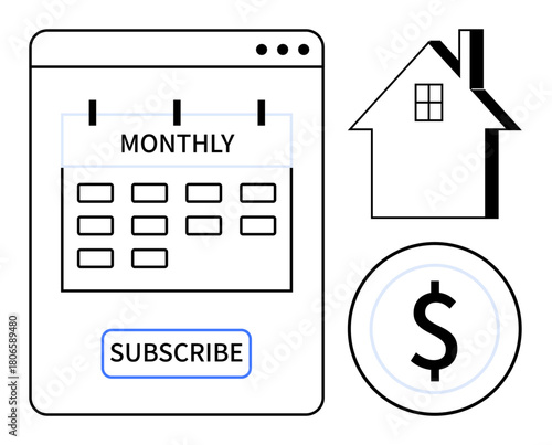 Calendar labeled Monthly, house outline, and dollar symbol suggest subscription, budgeting, real estate payments. Ideal for finance, housing, planning, subscriptions economy investment simple flat