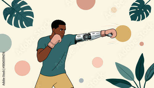 Young man boxing with prosthetic arm against a colorful background  