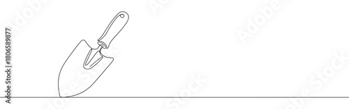 A continuous one-line drawing of a garden trowel, representing gardening, planting, and nature