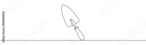 A continuous one-line drawing of a garden trowel, representing gardening, planting, and nature