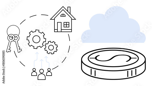 Keys, house, gears, people icons connect in a circular diagram adjacent cloud and coin graphics highlight data access, teamwork, and financial aspects. Ideal for real estate, investment