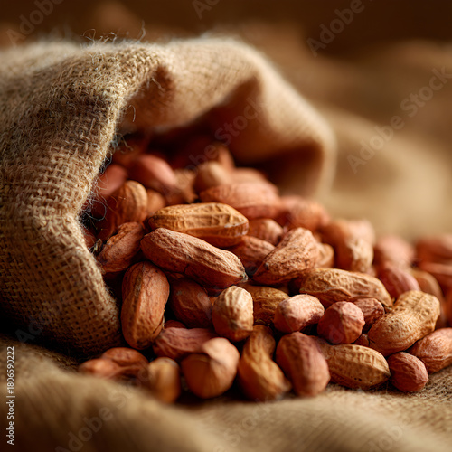 A burlap sack overflowing with peanuts, showcasing their natural texture and earthy tones against a rustic backdrop, creating a warm and inviting scene
