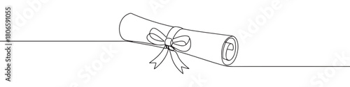A continuous one-line drawing of a rolled diploma with a ribbon, symbolizing graduation, achievement, and education