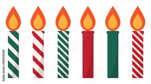 Vector set of candles with fire. Festive decoration for Christmas, Advent, Birthday, New Year, Festival. Simple vector illustration. Flat trendy style.