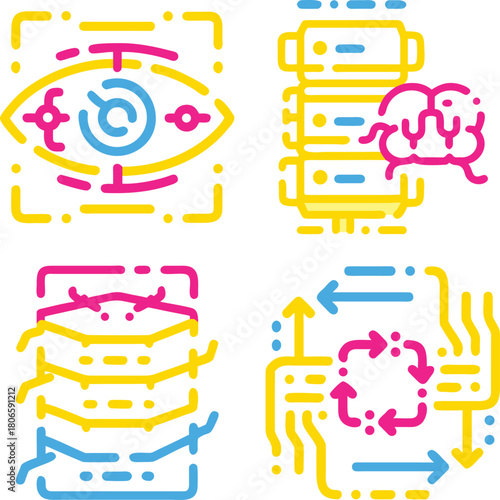 WebColorful Artificial Intelligence (AI), Computer Vision, Deep Learning Layers, Data Processing, and Automated Workflow Vector Icons Set