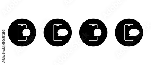Smartphone message icon in black circle. Phone with chat bubble symbol