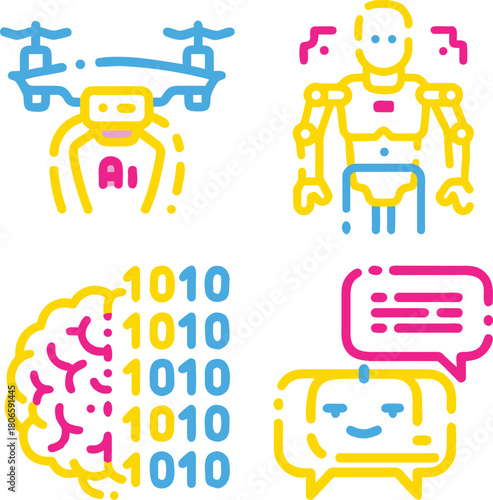 WebColorful Artificial Intelligence (AI), Robotics, Machine Learning, and Digital Communication Vector Icons Set