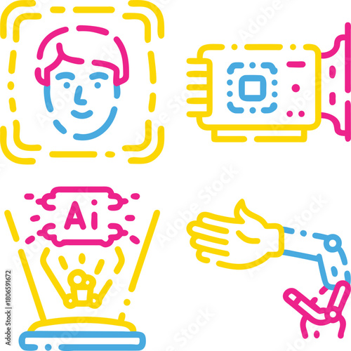 WebColorful Artificial Intelligence (AI), Face Recognition, Biometric Identity, Robotics, and Futuristic Interface Vector Icons Set