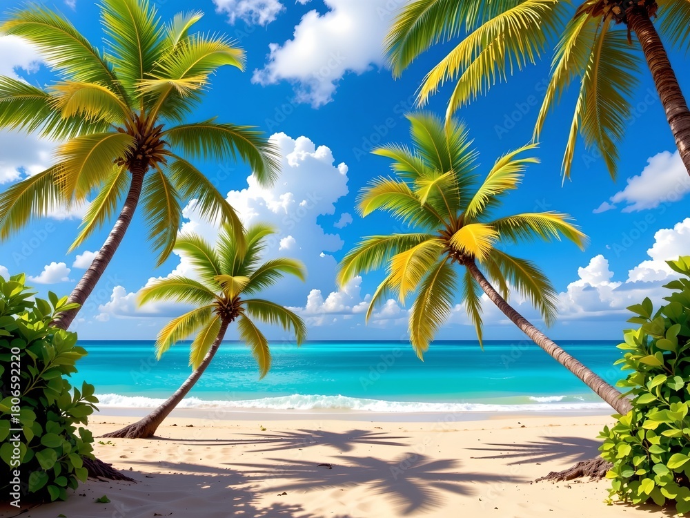 Obraz premium Tropical Beach Scene with Palm Trees and Turquoise Ocean