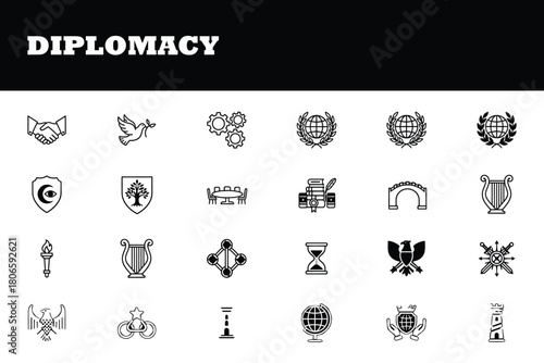 Elegant diplomacy icons symbolizing global connections, peace talks, and government affairs for professional presentations and business communications campaigns