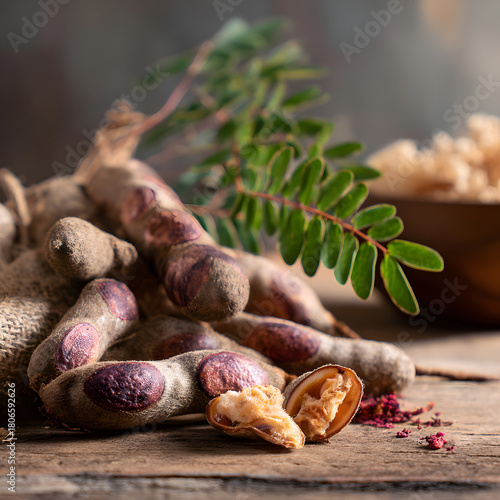 A closeup shot showcases a pile of tamarind pods, some still encased in their rough, brown shells, while others are cracked open to reveal the pulp inside