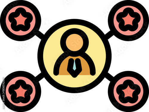 Businessman managing four different projects, with stars representing success and achievements, concept of multitasking and efficient management