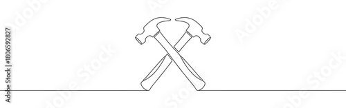 A continuous one-line drawing of two crossed hammers, symbolizing construction, teamwork, and hard work