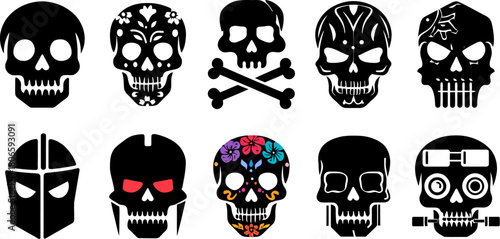 Collection of skull vector designs for halloween and day of the dead celebrations graphic design elements vector silhouette set, silhouette illustration.