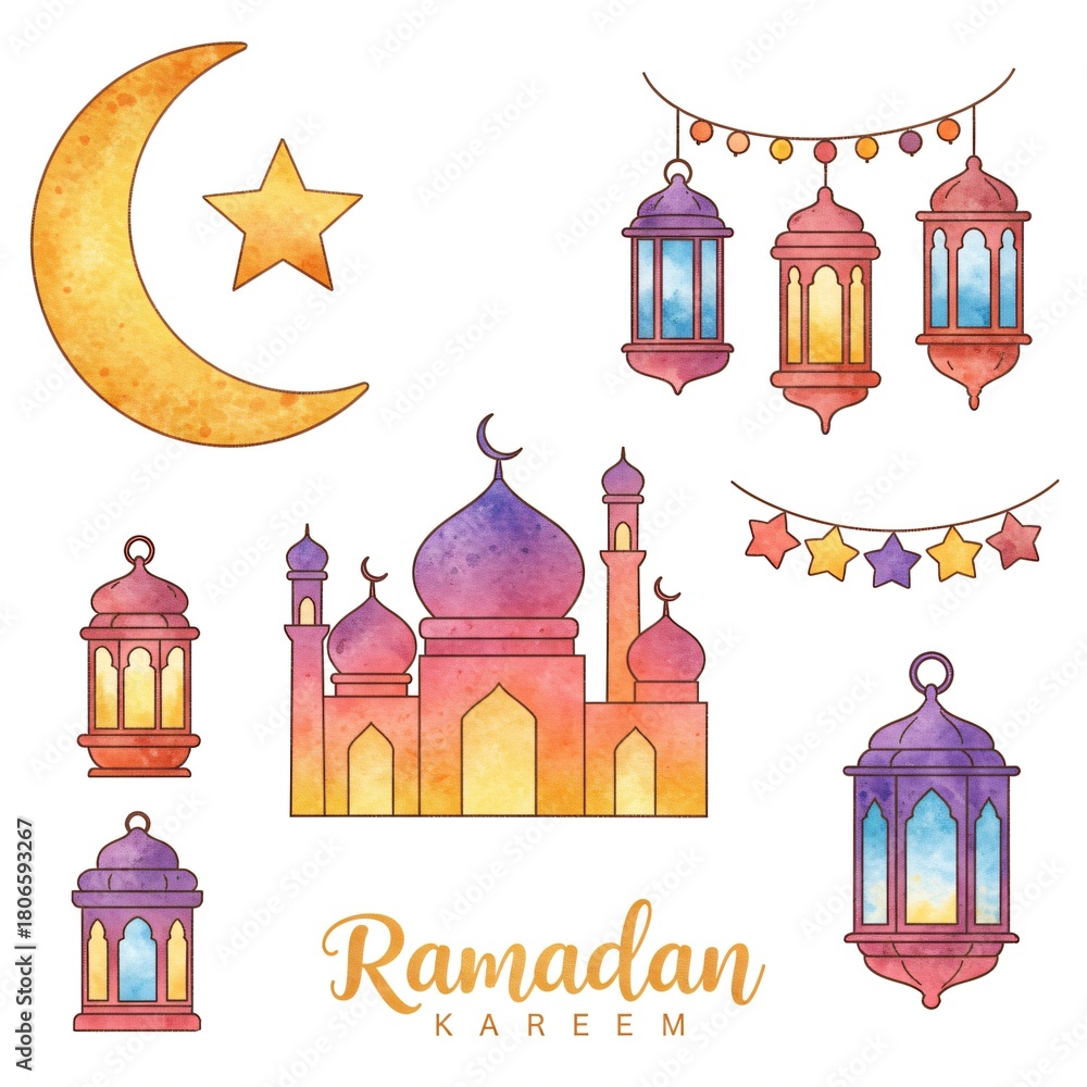 Fototapeta premium Colorful set of watercolor Ramadan lanterns and mosque design elements stickers