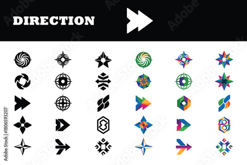 Inspiring navigation icons and direction symbols for modern branding, wayfinding, and logo design projects requiring a forward-thinking, innovative visual style.