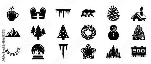 Winter icon set: trees, snowflakes, mittens, and more festive symbols