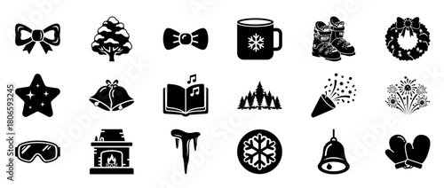 Winter holiday icons set: snowflakes, mittens, bells, trees, decorations