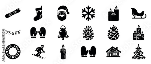 Winter holiday icons: santa, snowflakes, skiing, and more