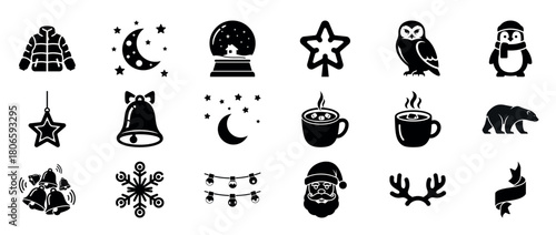 Collection of winter and christmas icons: snowflake, santa, owl, penguin, bells, moon, antlers