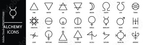 Alchemy symbols and elements icons set for modern design, spiritual concepts, and esoteric branding needs