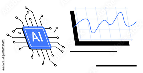 AI microchip connected by circuits next to a line graph with plotted data trends. Ideal for technology, innovation, data analysis, AI advancements, machine learning, progress, digital transformation