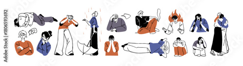 Set of people with different negative emotions. Men and women with depressed, sad, angry and exhausted expressions. Characters with stress, anxiety. Flat outline isolated vector illustrations on white