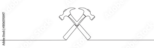 A continuous one-line drawing of two crossed hammers, symbolizing construction, teamwork, and hard work