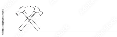 A continuous one-line drawing of two crossed hammers, symbolizing construction, teamwork, and hard work