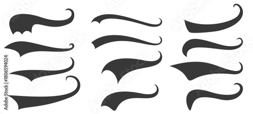 Baseball swoosh and swash tails set. Sports swash shapes, text underlines for baseball design. Kit of font elements in retro style for athletics, baseball. Swirl stroke swish underline shape Vector