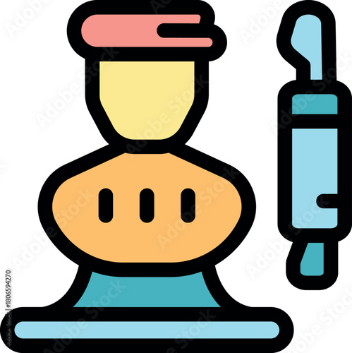 Baker using rolling pin, preparing dough for baking bread, bakery process illustration