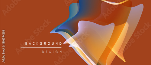 Abstract fluid shapes overlap, creating vibrant color gradients. Orange background complements design elements. Modern aesthetic.