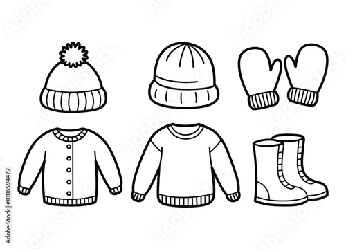 Winter clothing collection in black outline vector illustration featuring hats sweaters mittens and boots offering warmth and style for cold weather fashion