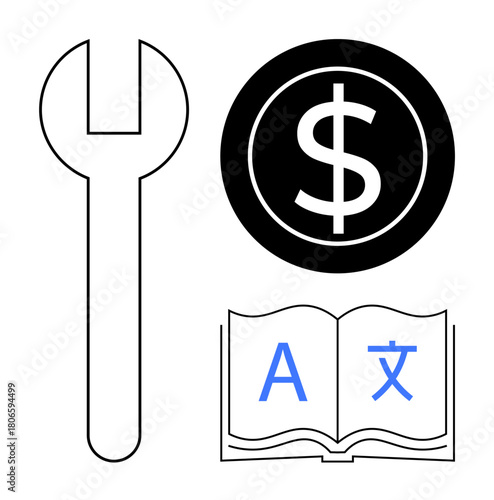 Wrench, dollar sign, and open book with multilingual letters symbolizing tools, finance, and education. Ideal for repair tools, economy, global outreach, self-improvement industry learning simple