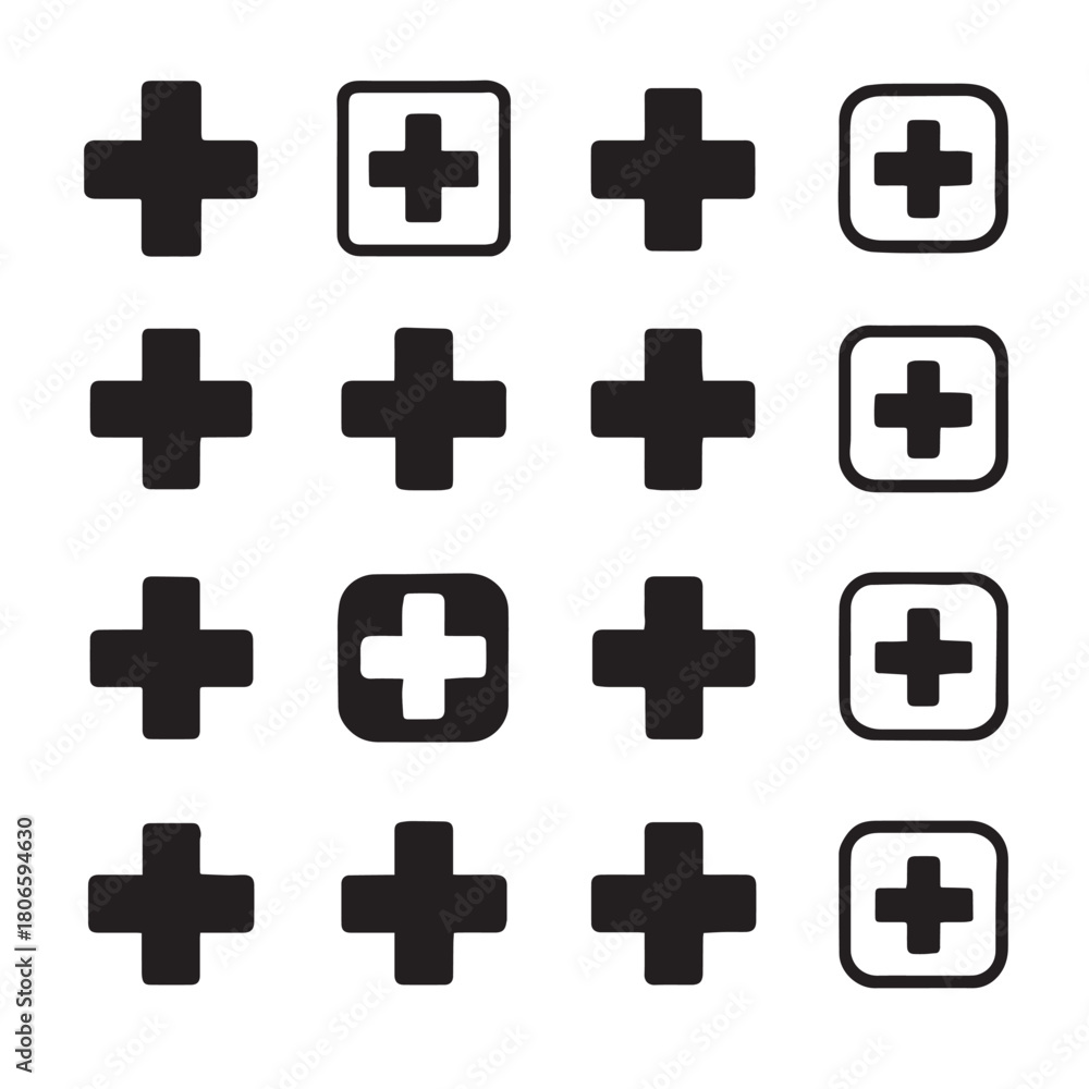 Obraz premium Silhouette of a hospital cross medical icon, white background set of 16
