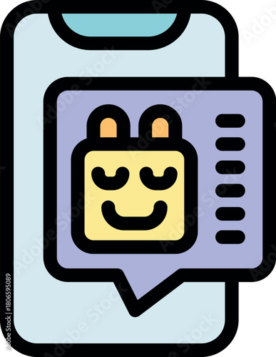 Modern smartphone displaying chatbot message with happy face and closed eyes, suggesting relaxation or satisfaction
