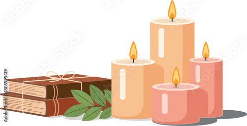 Cozy Still Life with Candles and Books Illustration, Aromatic Ambiance and Warm Tones, Perfect for Relaxation