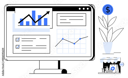 Desktop monitor displaying graphs, charts, and financial data. Plant, dollar icon, and small storefront indicate growth, commerce, and savings. Ideal for finance business analytics marketing