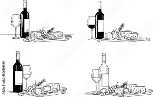 Elegant Wine and Cheese Still Life Illustrations for Gourmet Delights and Sophisticated Taste