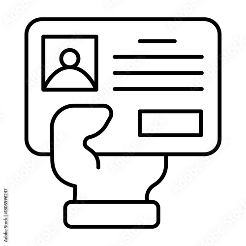 Driver license card in hand thin line icon, learners permit concept. Vector graphics. Hand with identity badge, driving sign on white background, style icon mobile or web design.