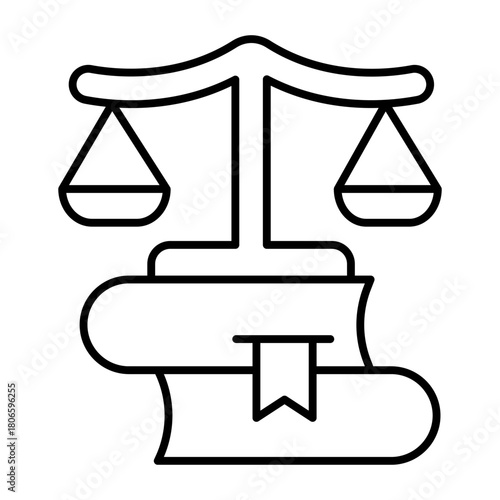 Scales of justice on books thin line icon, jurisprudence concept. Vector graphics. Law books with libra scales, knowledge sign on white background, style icon mobile or web design.