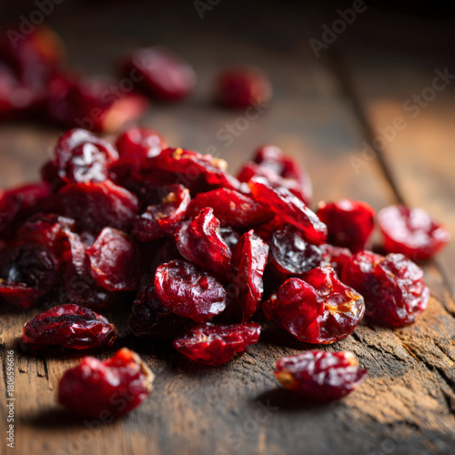 A vibrant pile of dried cranberries glistens on rustic wooden surface, their deep red hues and wrinkled textures creating a visually appealing composition