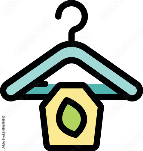 Clothes hanger with a green leaf symbol promoting eco conscious fashion and sustainable textile industry practices