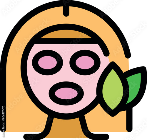 Blonde woman wearing a pink cosmetic facial mask with green leaves, enjoying a natural beauty treatment
