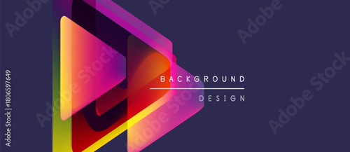 Abstract geometric shapes overlap, creating vibrant color gradients. Design features bold pink, yellow, purple hues on dark background.