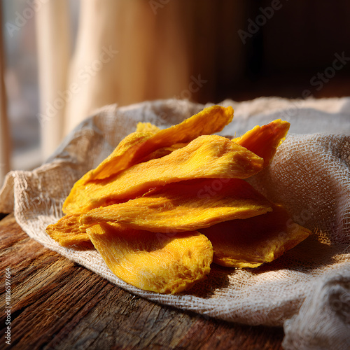 A stack of dried mango slices on a white cloth, illuminated by natural light, showcasing the fruits vibrant color and texture on a rustic wooden surface