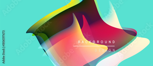 Abstract fluid shapes overlap, creating vibrant color gradients. Turquoise background complements dynamic design elements. Text reads background design.