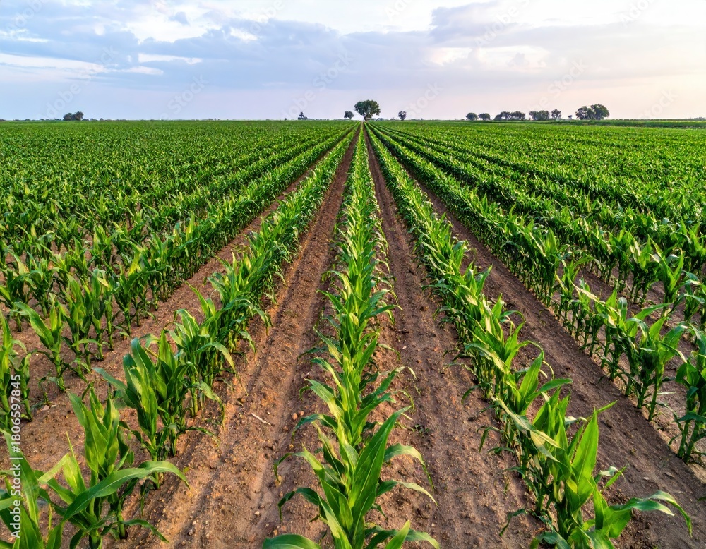 Obraz premium Rows of Young Corn Plants in a Field Under a Cloudy Sky.