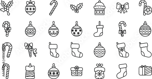Collection of festive holiday icons including candy canes, christmas ornaments, stockings, and bows