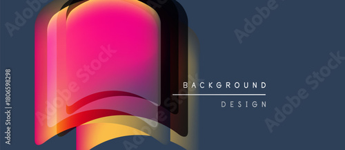 Abstract geometric shapes blend vibrant colors. Gradient transitions create depth, modern design element. Background features text labels.